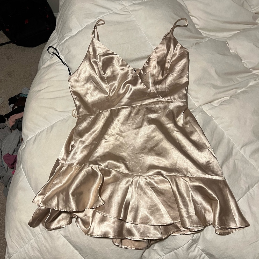 Satin off white, beige romper dress.